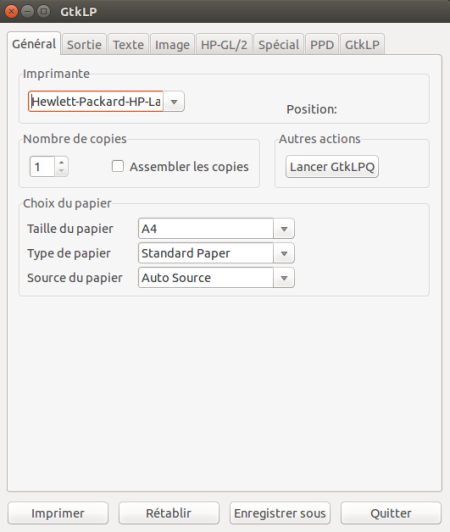 onglet "Général" de l'application Gtklp onglet "Général" de l'application Gtklp