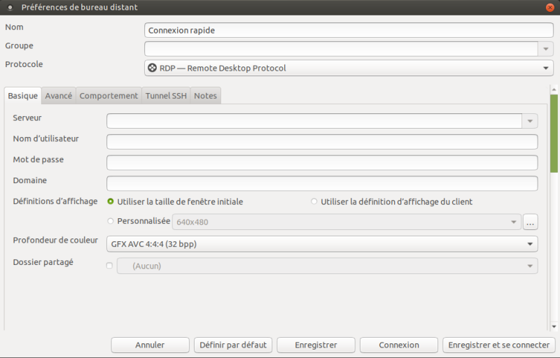 Interface de configuration des propriétés pour le protocole VNC. Remmina prend en charge les protocoles RDP (jusqu'à la version 5), VNC, SSH et SFTP.