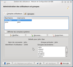 Interface principale : liste des comptes d'utilisateurs